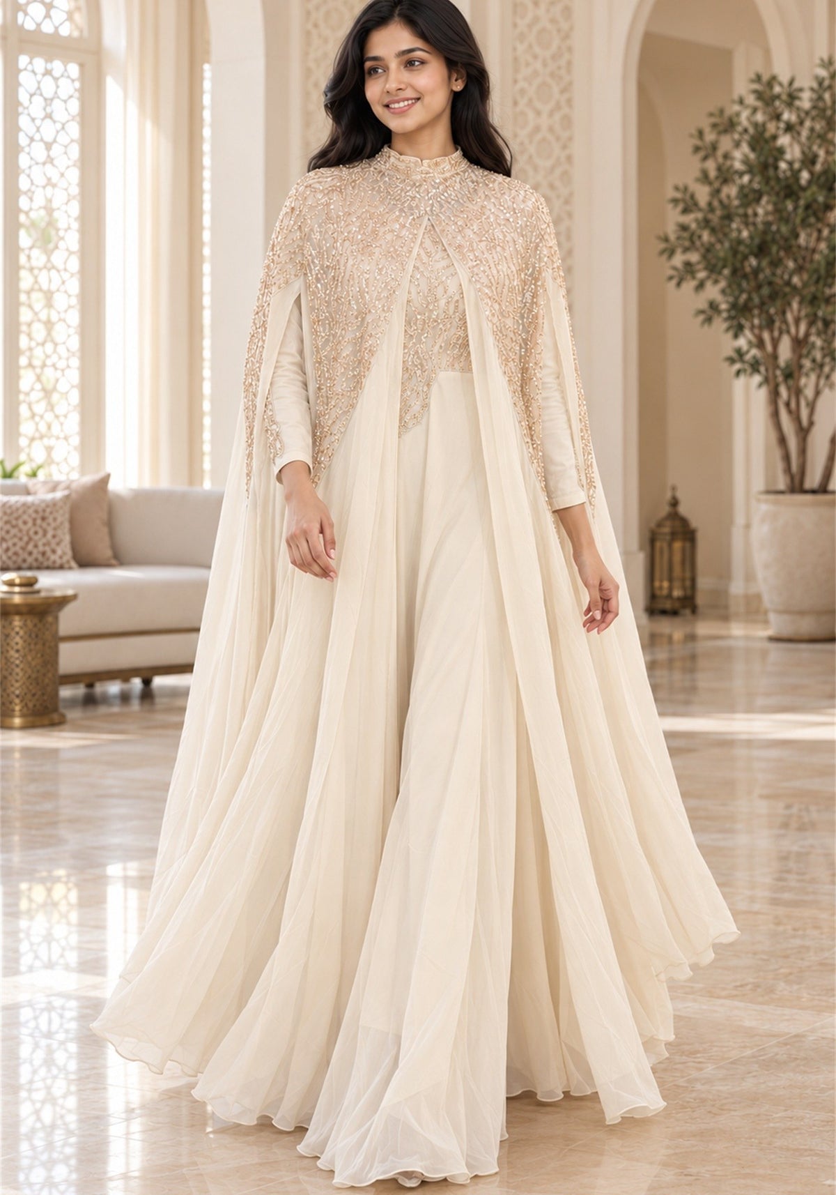 Ivory Cream Embellished Georgette Arabic Cape Gown - Ashoka Threads