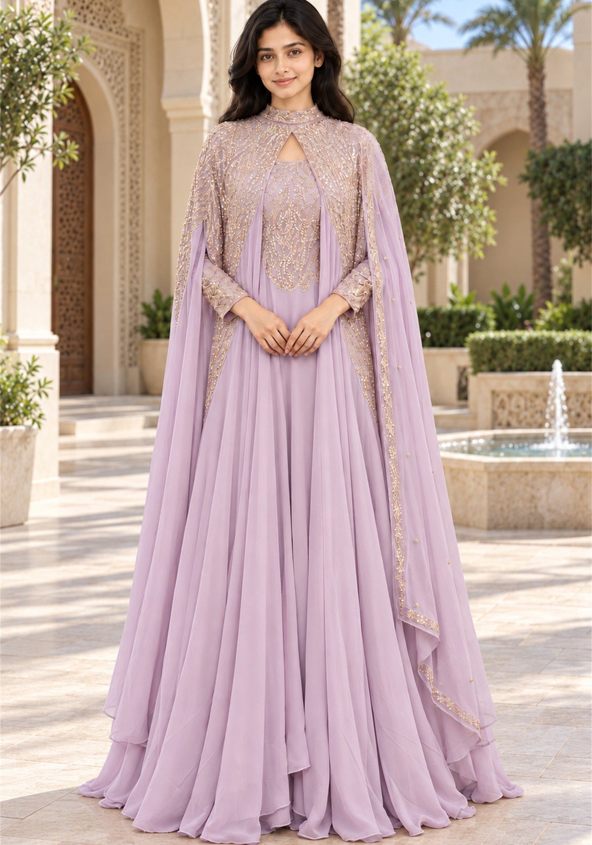 Soft Lavender Embellished Georgette Arabic Cape Gown - Ashoka Threads