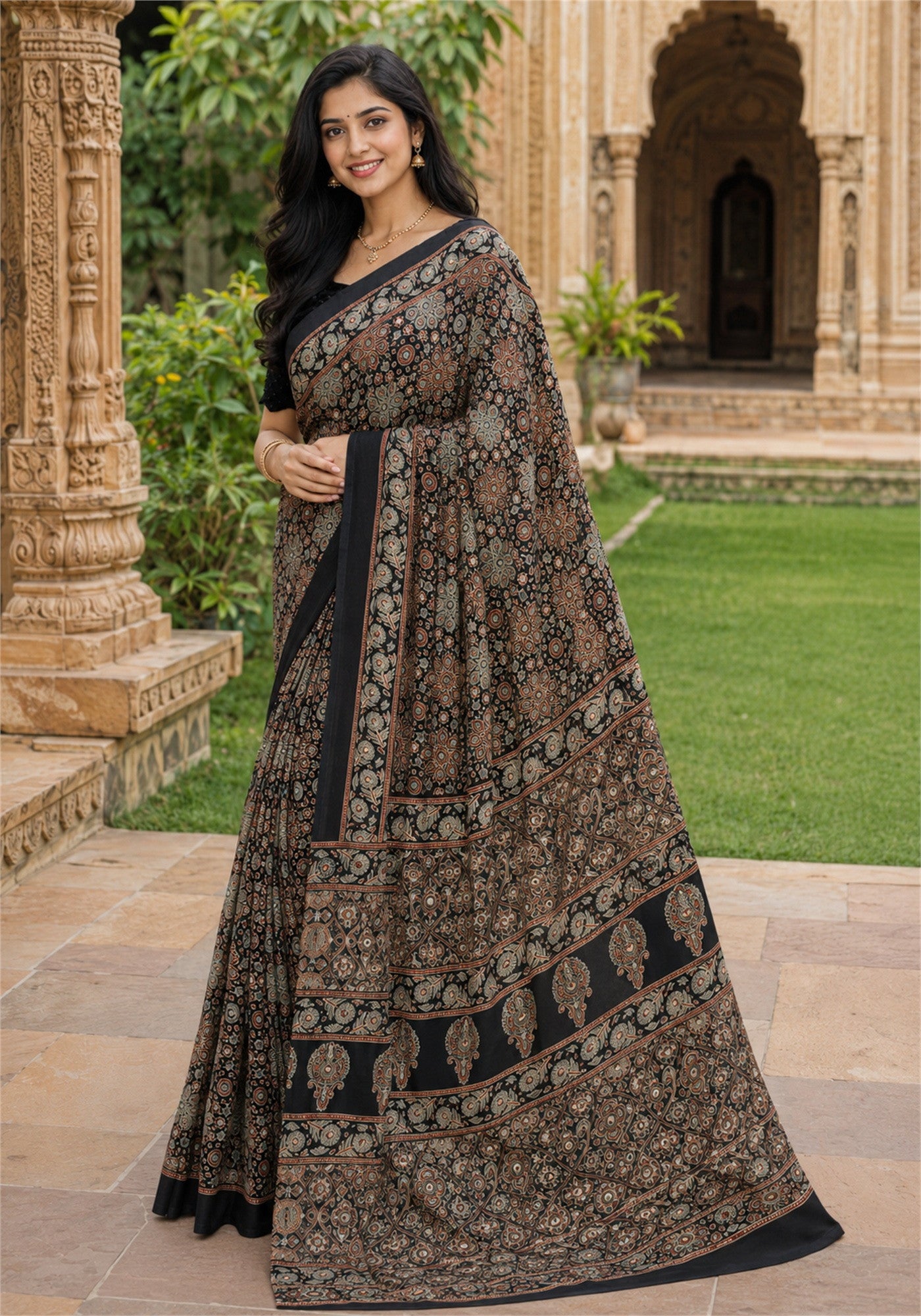 Ajrakh Mirror Work Saree Black Copper Paisley Floral Border - AMS-1-1304 - view 6
