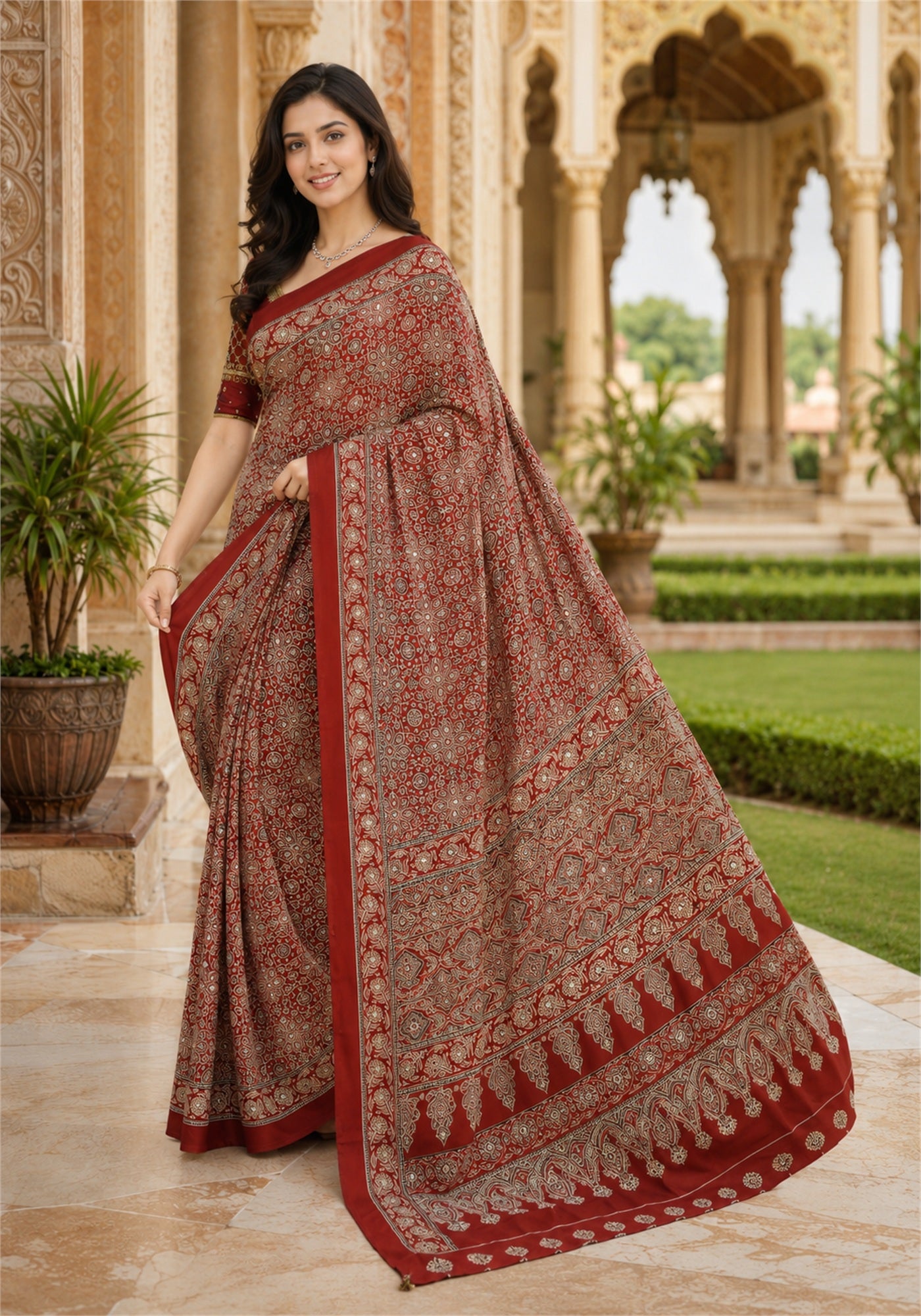 Ajrakh Saree Brick Red Floral Printed Border - AMS-1-1306 - view 6