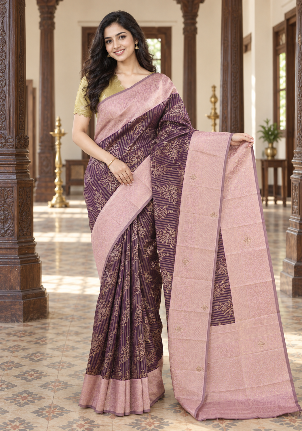 Soft Silk with Arani Border Stone Saree Royal Purple and Blush Pink - Ashoka Threads