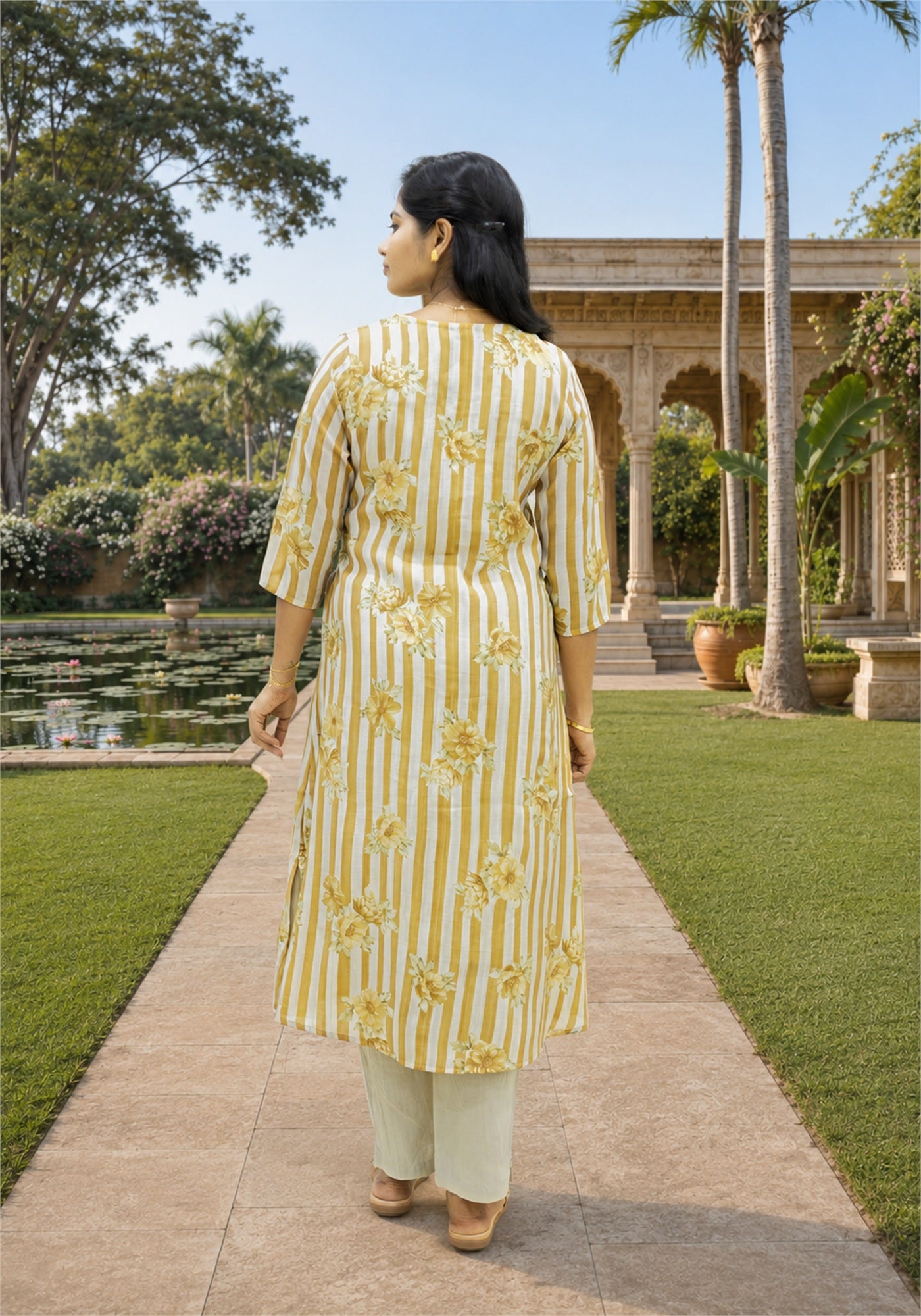 Beige Cream Cotton Stripe Floral Kurta Pant Set - Ashoka Threads - K2-D6-26-BEI - view 5