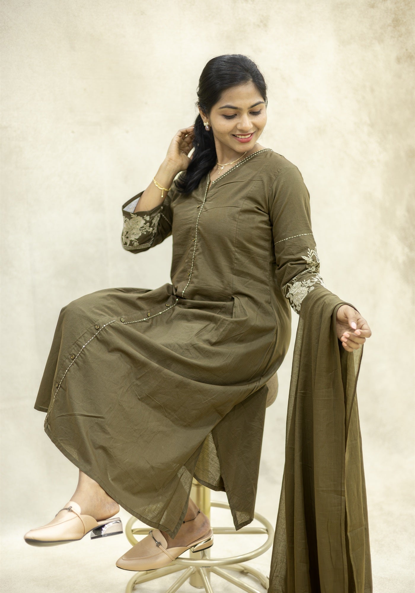 Olive Brown Flared Kurta Pant Set with Dupatta - Olive Brown - view 7