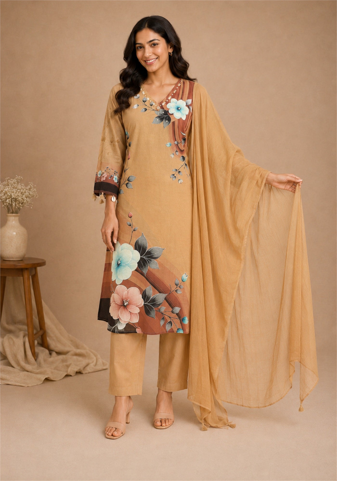 Tan Brown Cotton Floral Kurta Pant Set with Dupatta - Ashoka Threads - Tan Brown - view 6