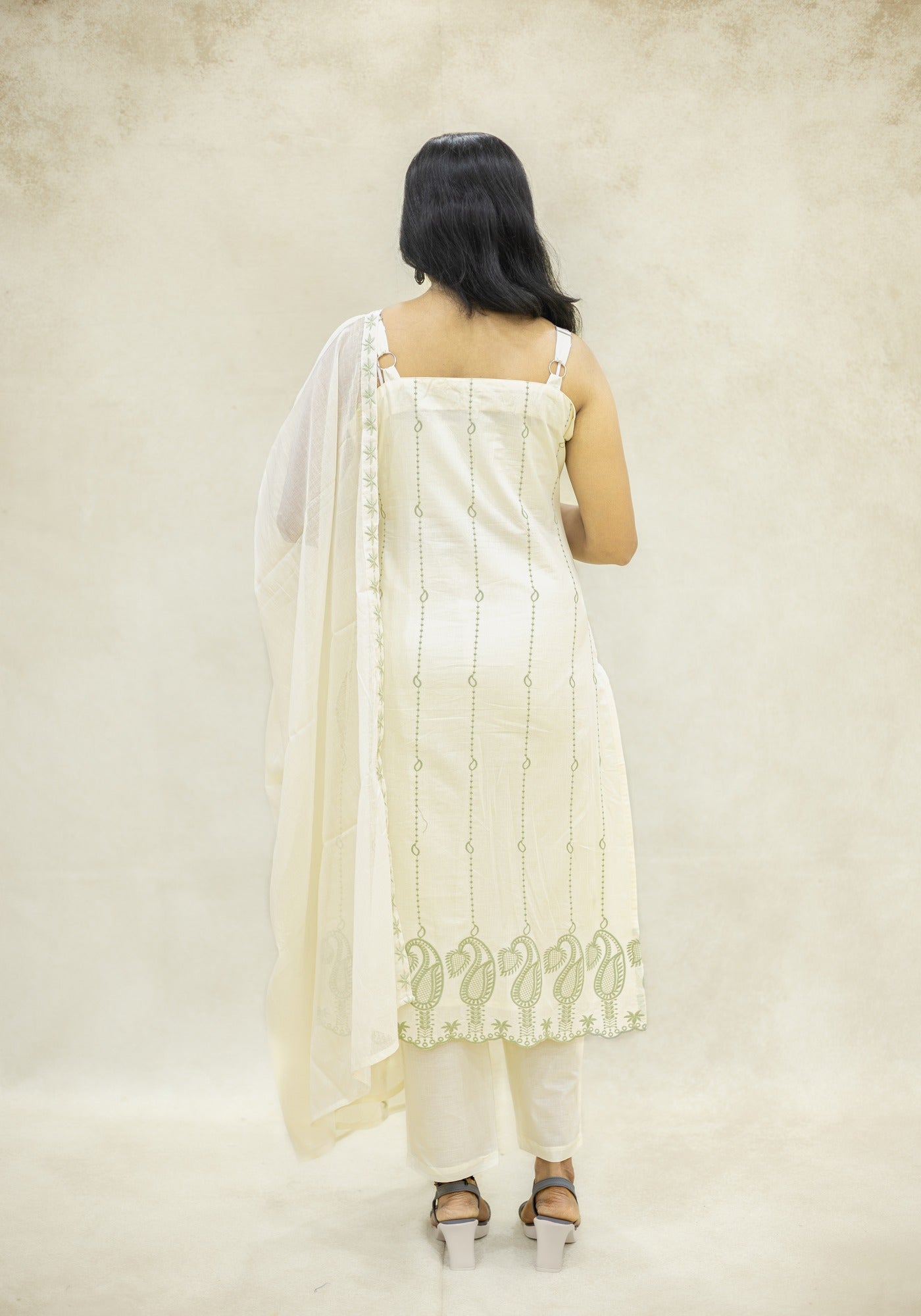 Ivory Cream Sage Motif Kurta Pant Set with Dupatta - Ivory Cream Sage - view 7