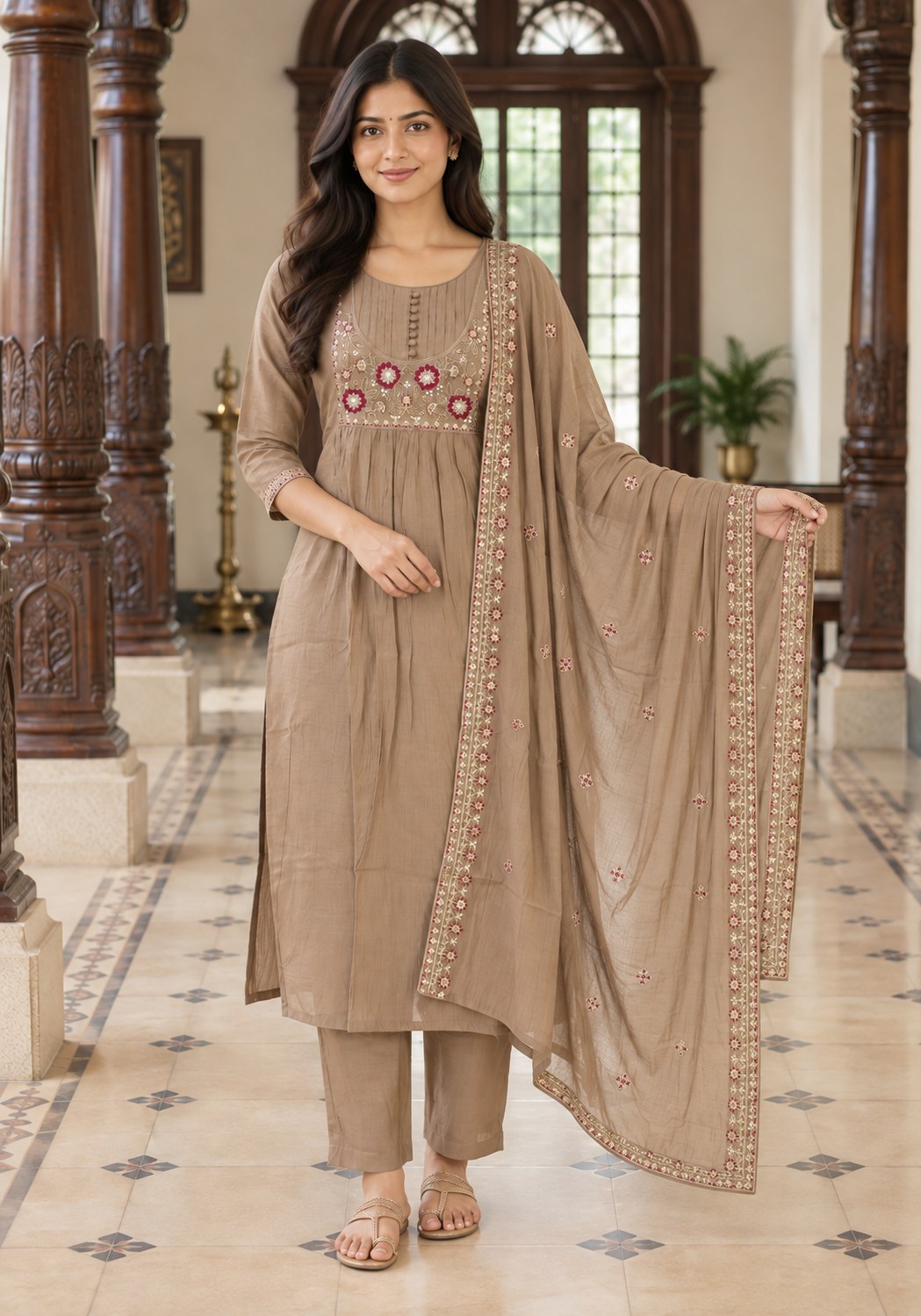 Taupe Brown Cotton Embroidered Kurta Pant Set with Dupatta - Ashoka Threads - K3-D28-26-TBR 6