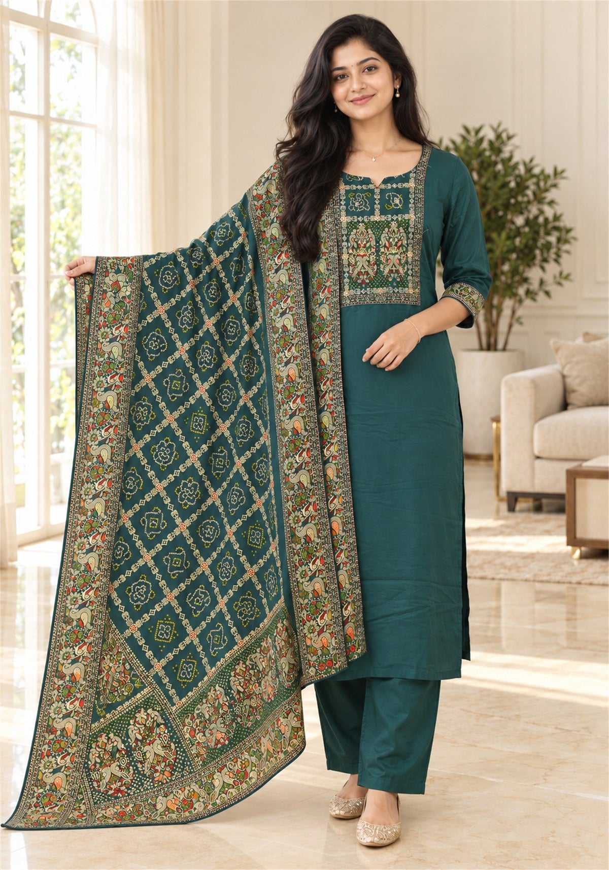 Deep Teal Green Cotton Embroidered Kurta Pant Set with Dupatta - Ashoka Threads - K3-D29-26-DTG 5