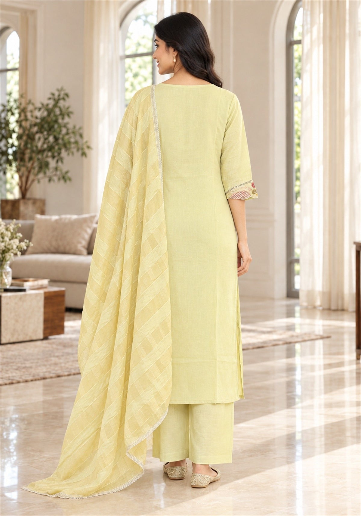 Pale Lemon Yellow Cotton Kurta Pant Set with Dupatta - Ashoka Threads - K3-D31-26-PLY 5