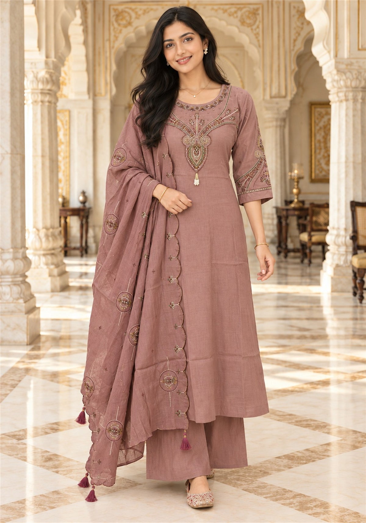 Dusty Rose Cotton Embroidered Kurta Pant Set with Dupatta - Ashoka Threads - K3-D33-26-DRO 6