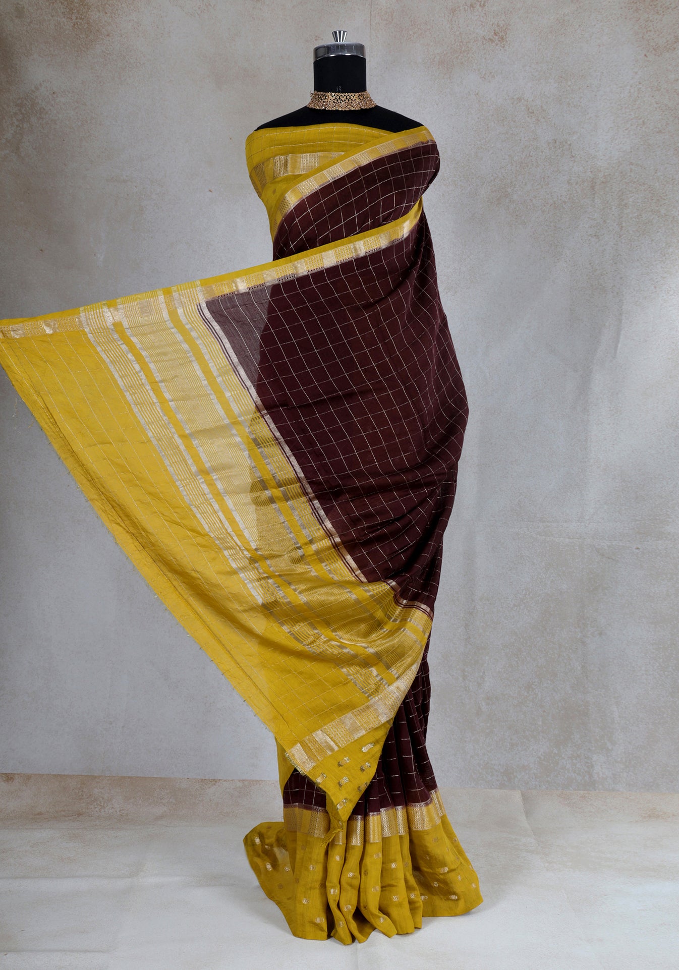 Chocolate Brown Mustard Dotted Border Fancy Saree - VGS-1-3004