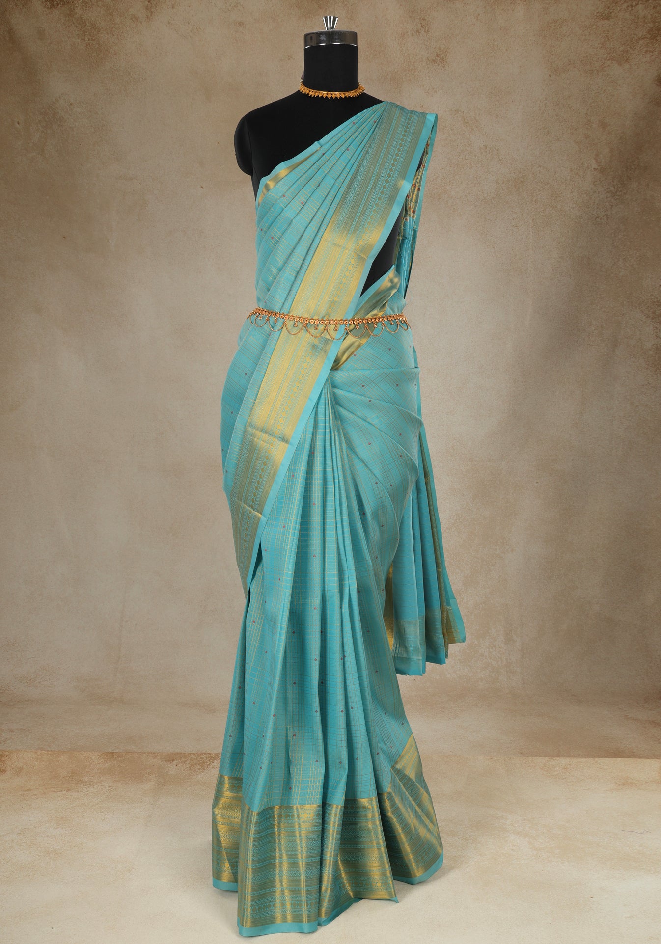 Pure Kanchipuram Art Silk Saree Aqua Blue Gold Border