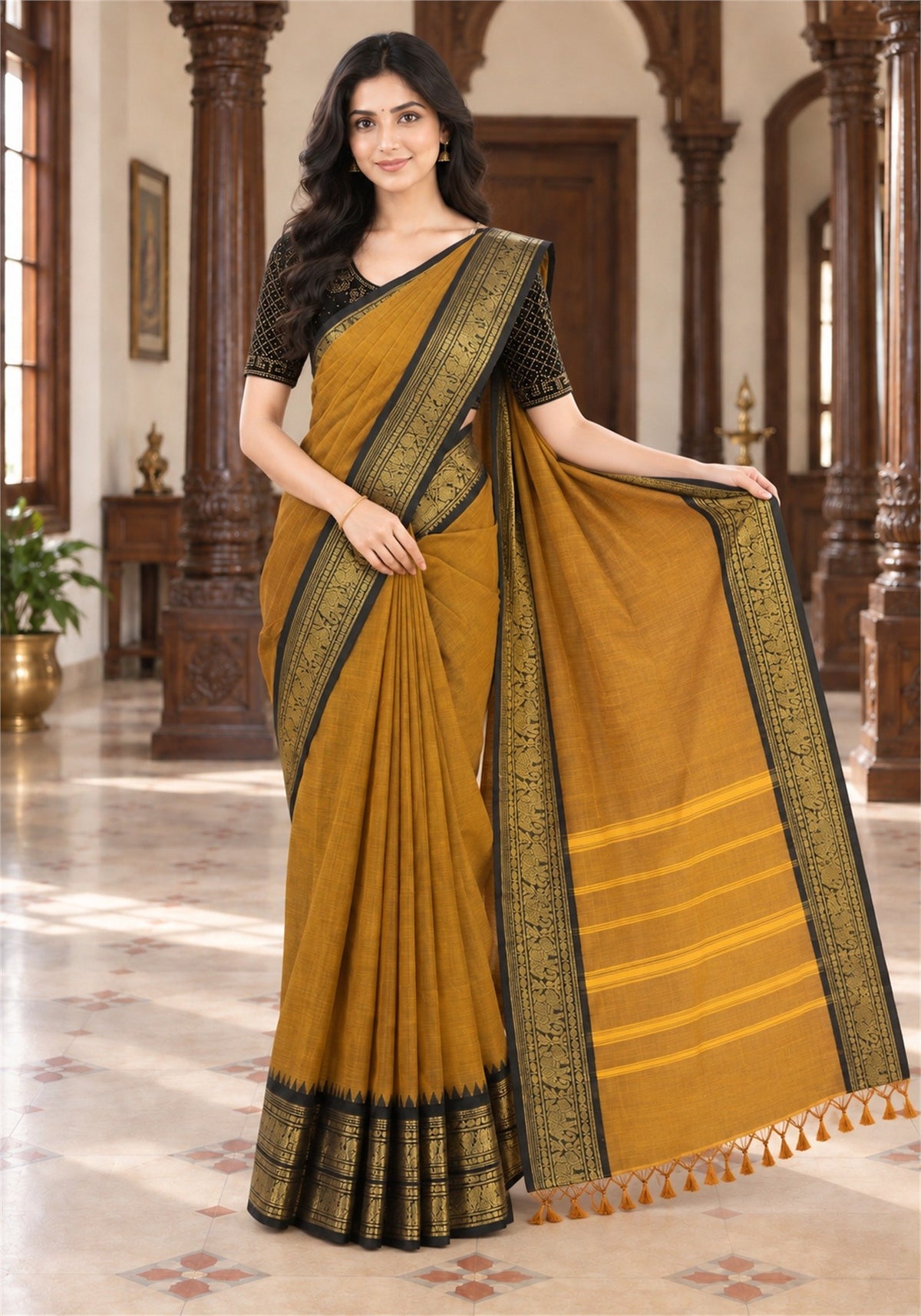 Chettinad Cotton Saree Mustard Brown Dark Wine Zari Border - PCS-1-9022 - view 4
