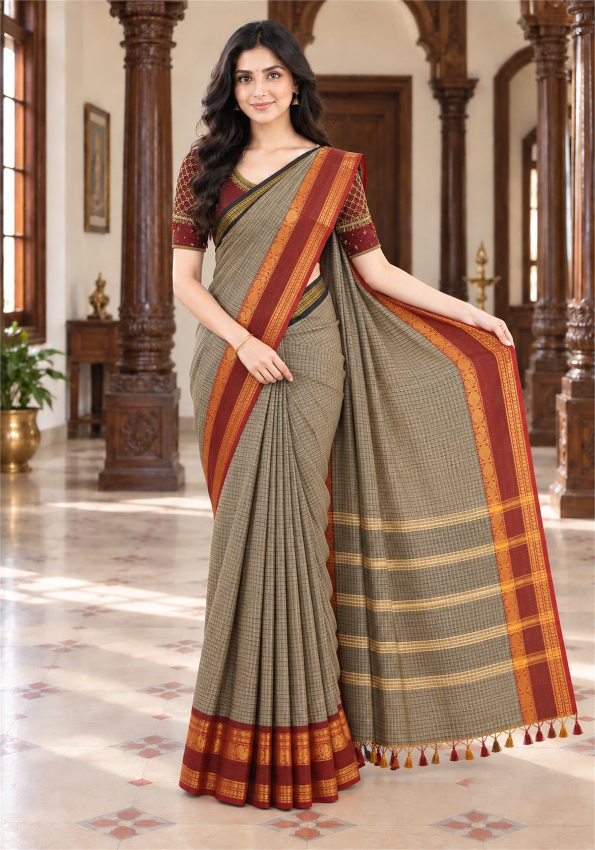 Chettinad Cotton Saree Beige Black Checks Maroon Red Zari Border - PCS-1-9031 - view 4