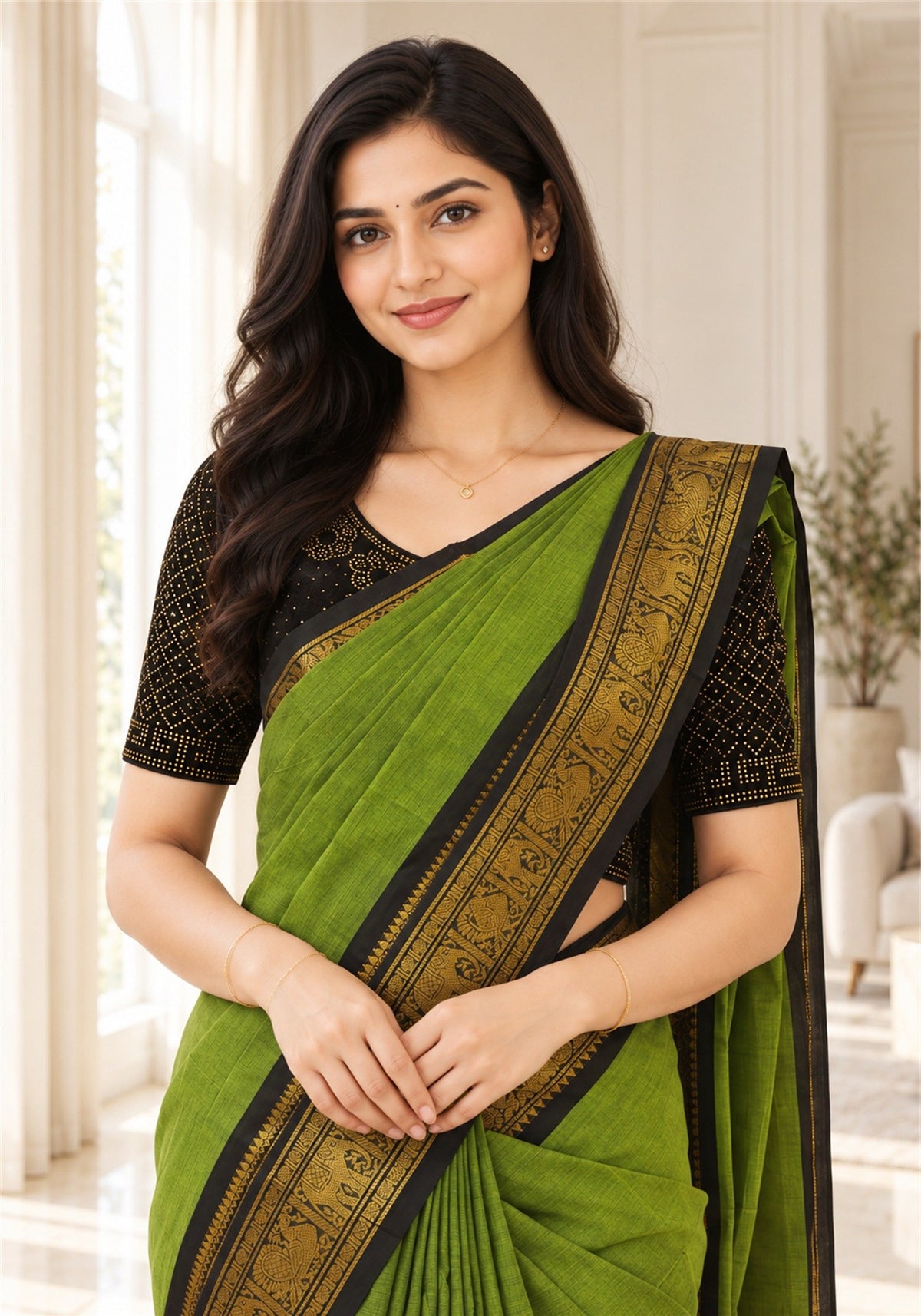 Chettinad Cotton Saree Parrot Green Black Gold Zari Border - PCS-1-9032 - view 4