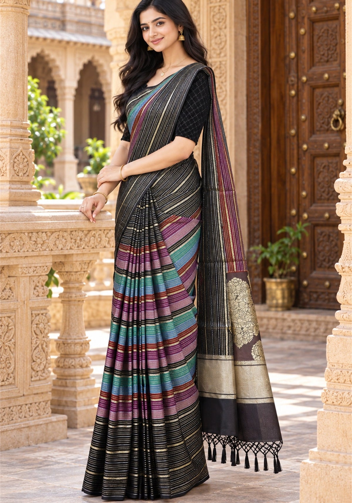 SFS-1-2102 Soft Fancy Saree Black Multicolour Stripes with Wine and Gold Zari Pallu - Ashoka Threads