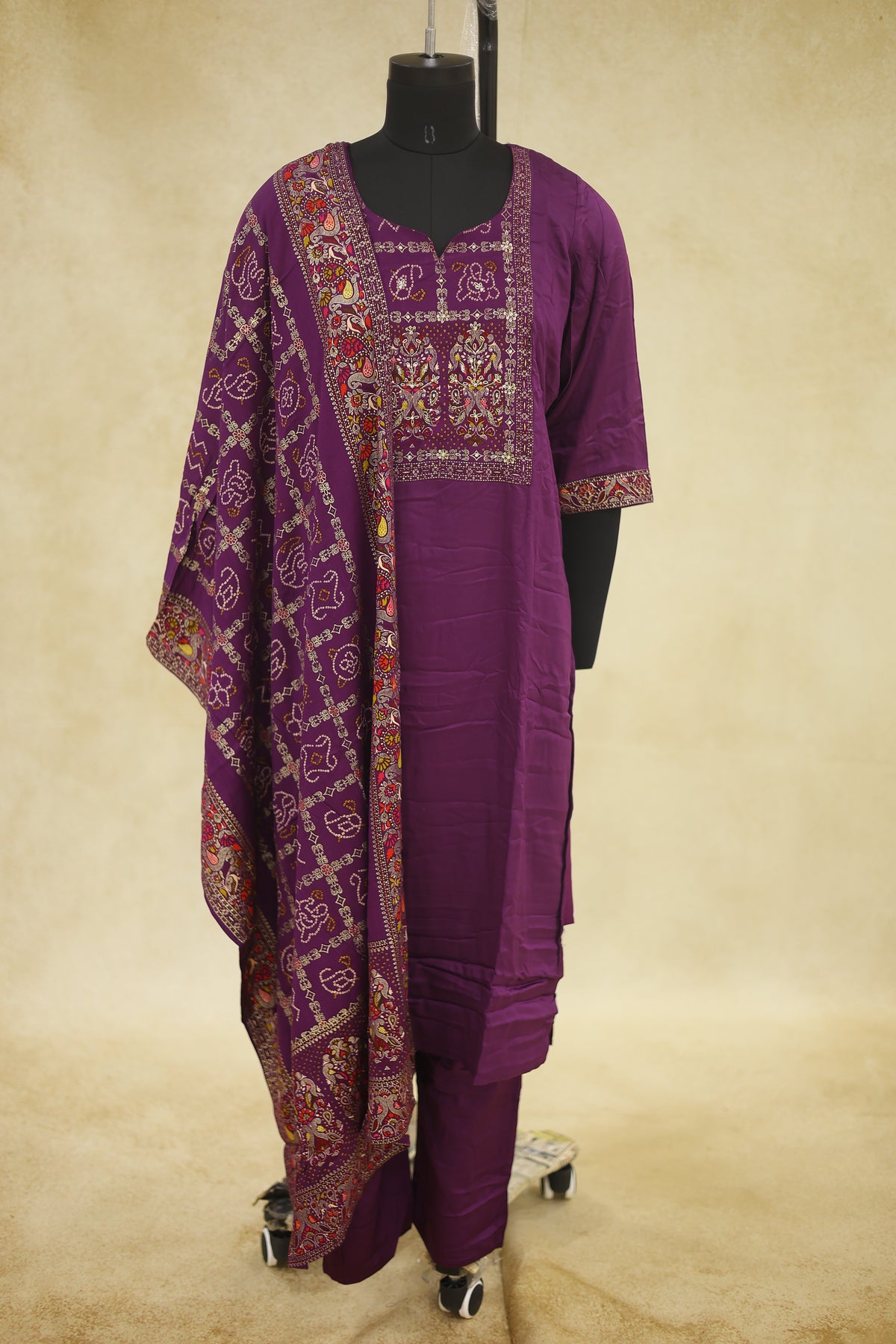 Deep Plum Purple Cotton Embroidered Kurta Pant Set with Dupatta - Ashoka Threads