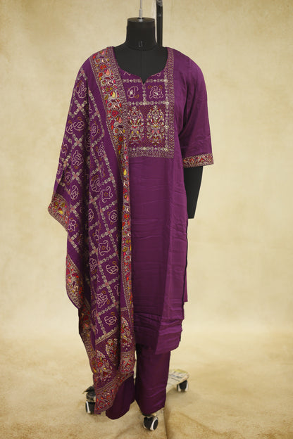 Deep Plum Purple Cotton Embroidered Kurta Pant Set with Dupatta - Ashoka Threads