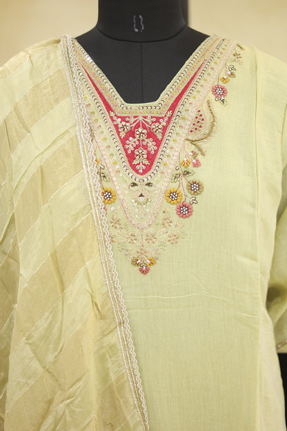 Pale Lemon Yellow Cotton Kurta Pant Set with Dupatta - Ashoka Threads