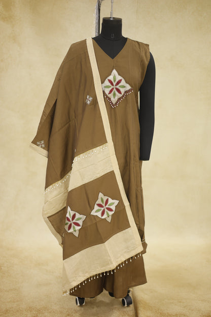Olive Brown Cream Cotton Kurta Pant Set with Dupatta - Ashoka Threads