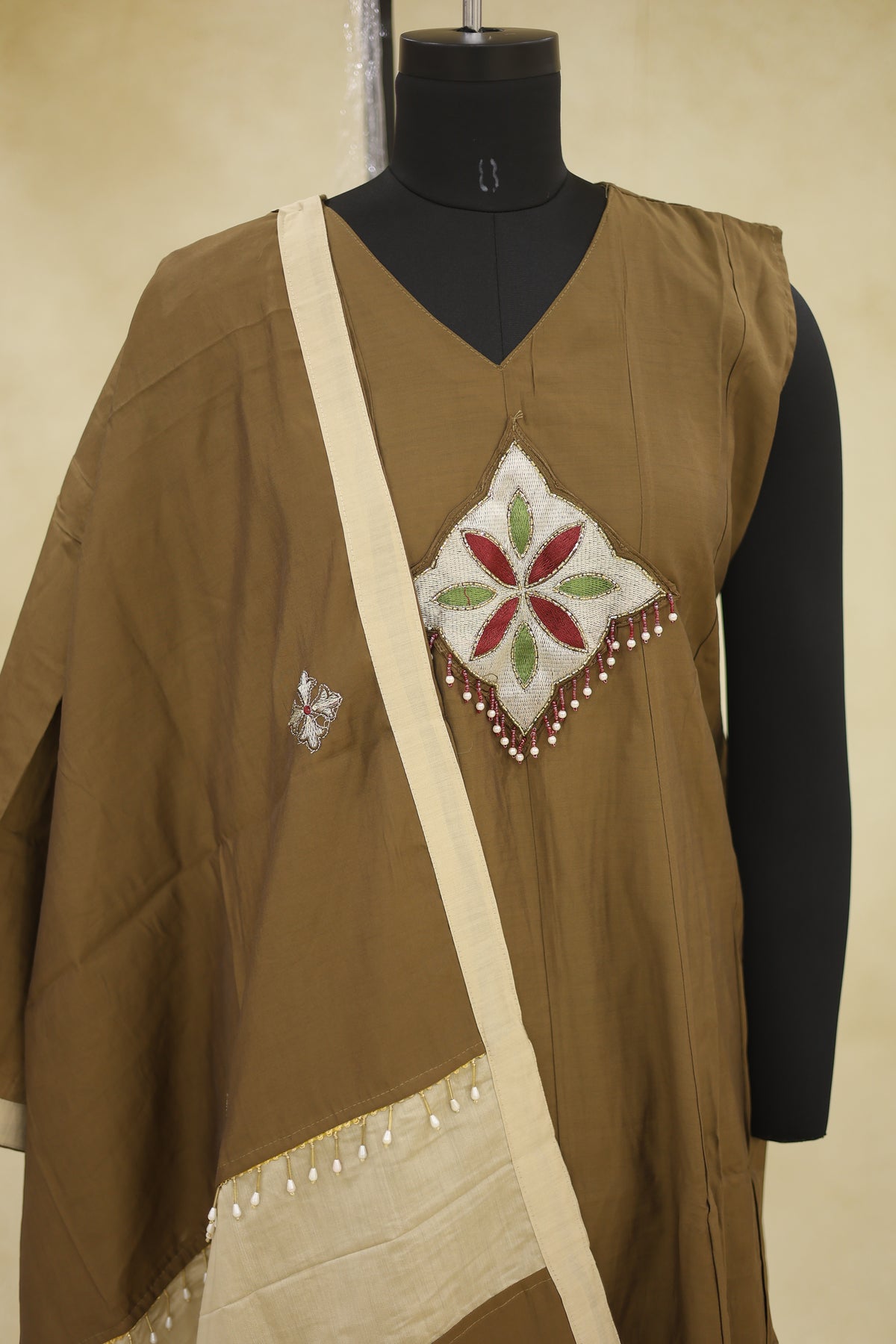 Olive Brown Cream Cotton Kurta Pant Set with Dupatta - Ashoka Threads