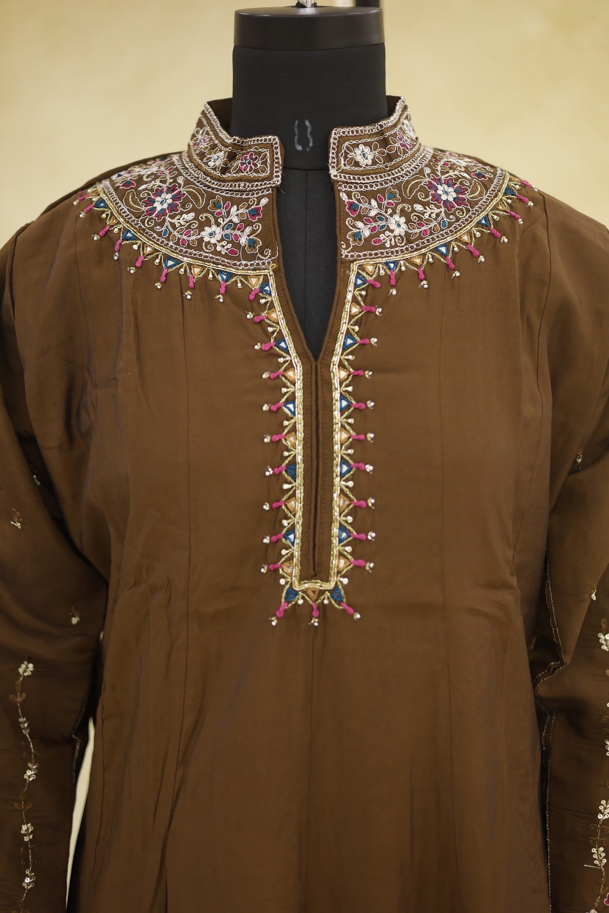 Chocolate Brown Cotton Embroidered Kurta Pant Set with Dupatta - Ashoka Threads