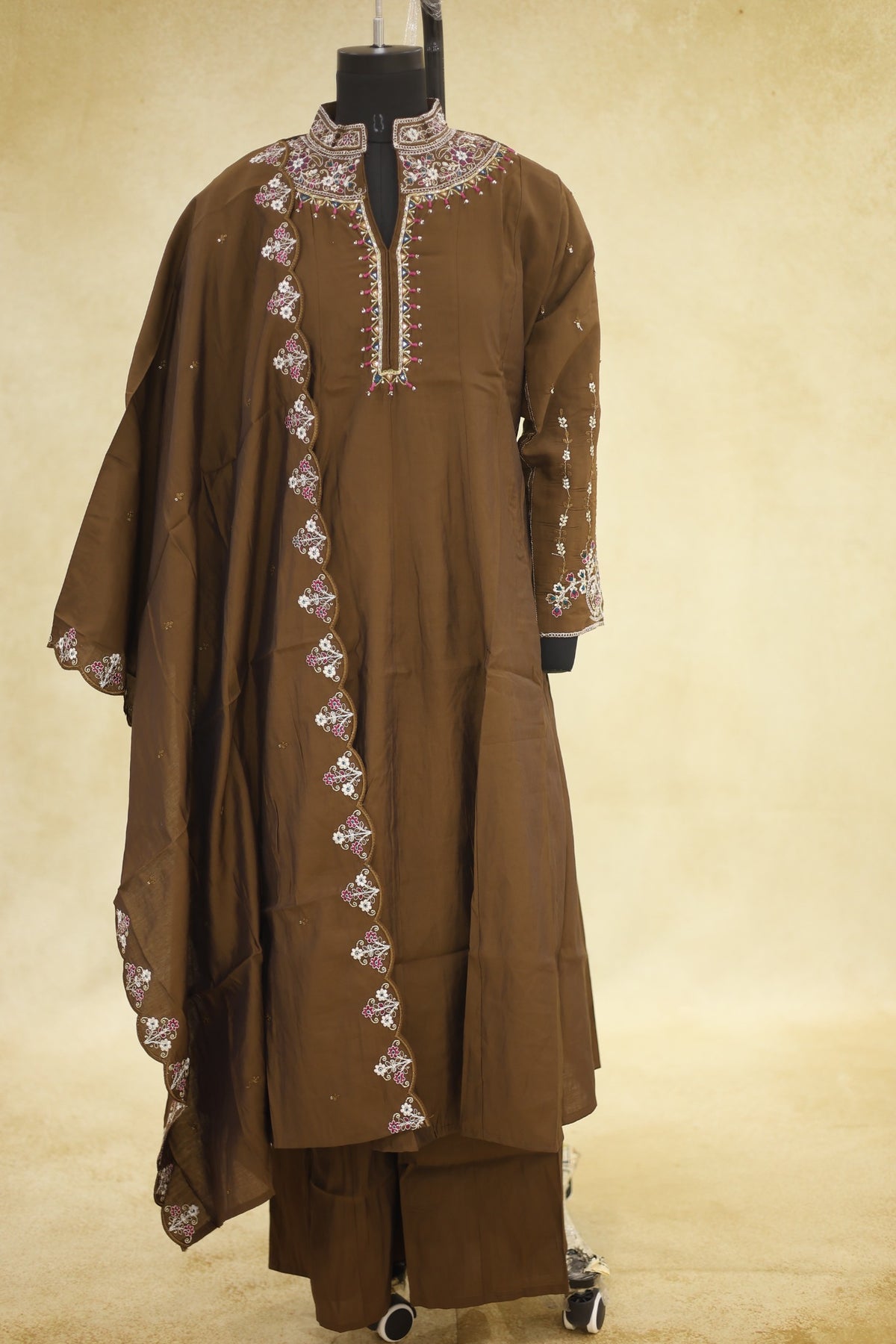 Chocolate Brown Cotton Embroidered Kurta Pant Set with Dupatta - Ashoka Threads
