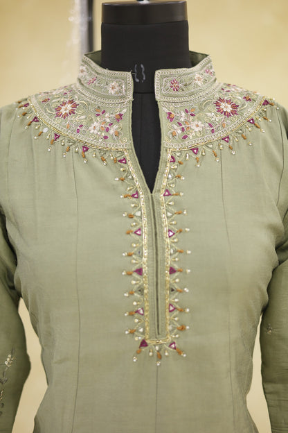 Sage Green Cotton Embroidered Kurta Pant Set with Dupatta - Ashoka Threads