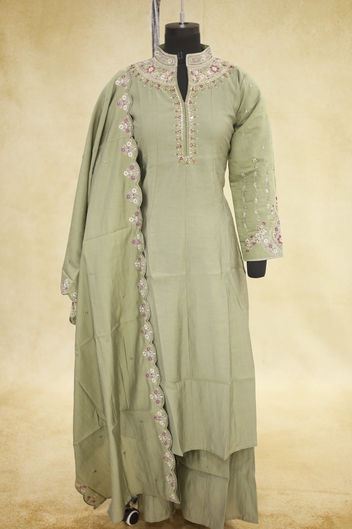 Sage Green Cotton Embroidered Kurta Pant Set with Dupatta - Ashoka Threads