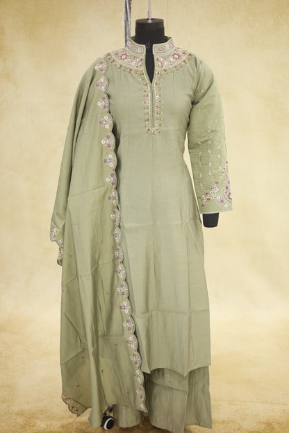 Sage Green Cotton Embroidered Kurta Pant Set with Dupatta - Ashoka Threads