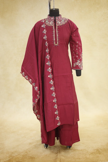 Wine Red Cotton Embroidered Kurta Pant Set with Dupatta - Ashoka Threads