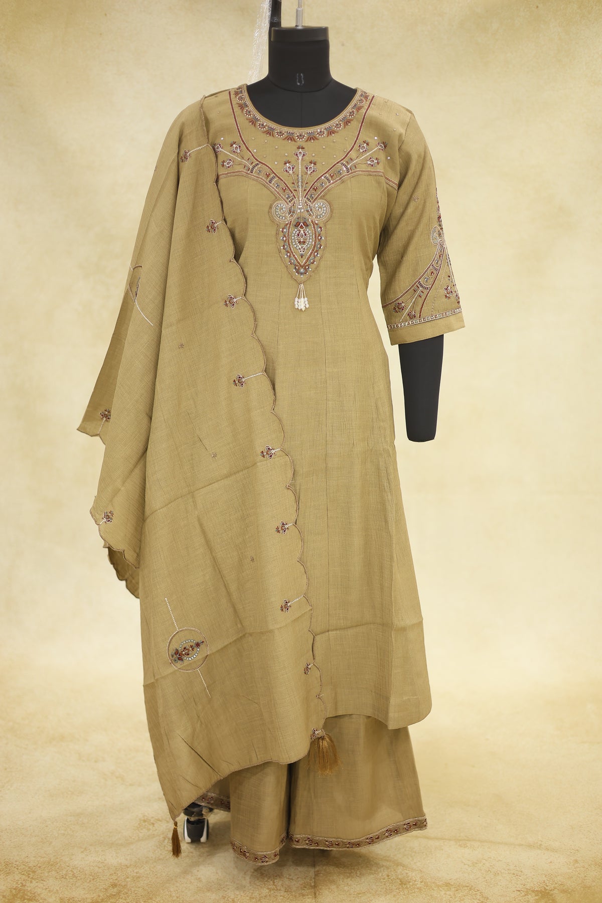 Khaki Beige Cotton Embroidered Kurta Pant Set with Dupatta - Ashoka Threads