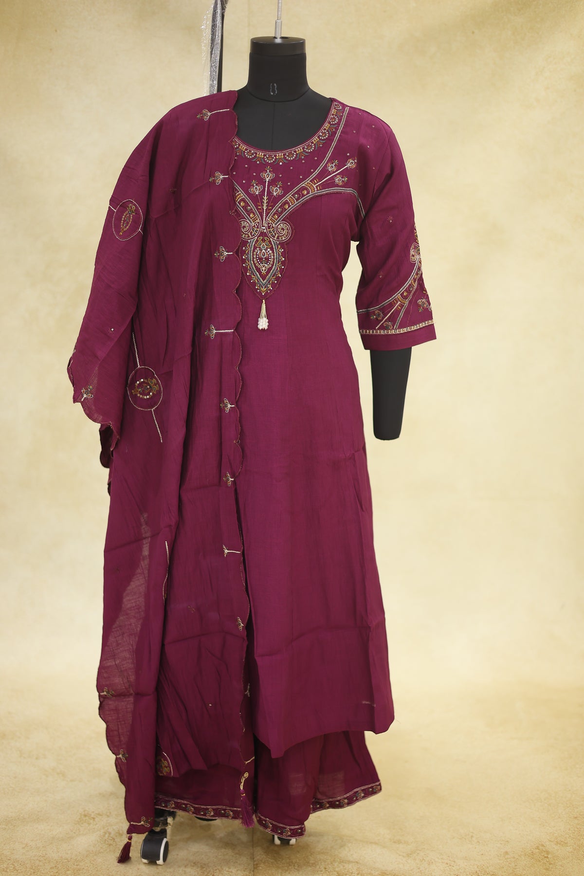 Wine Cotton Embroidered Kurta Pant Set with Dupatta - Ashoka Threads