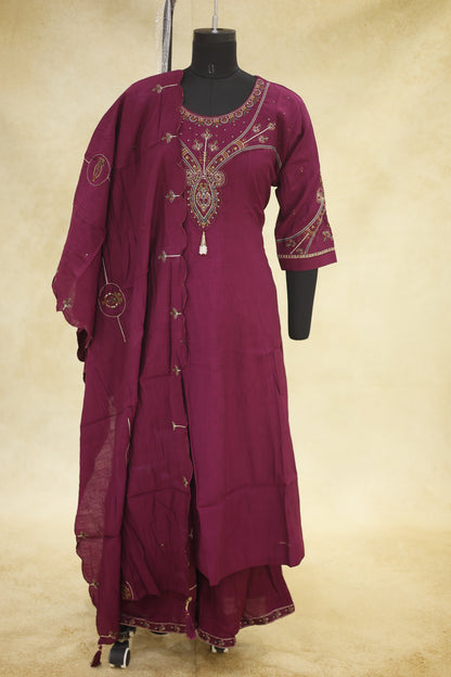 Wine Cotton Embroidered Kurta Pant Set with Dupatta - Ashoka Threads