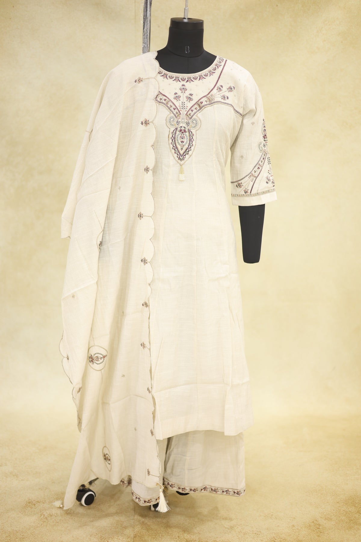 Ivory Cream Cotton Embroidered Kurta Pant Set with Dupatta - Ashoka Threads