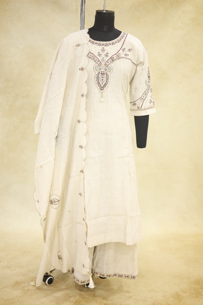 Ivory Cream Cotton Embroidered Kurta Pant Set with Dupatta - Ashoka Threads