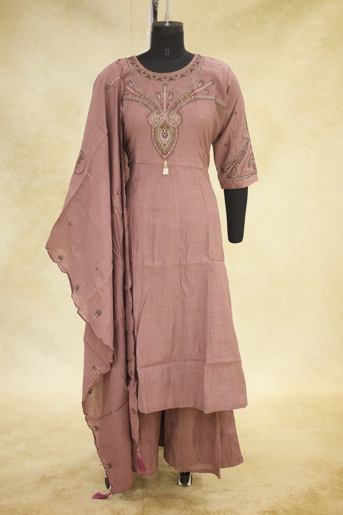 Dusty Rose Cotton Embroidered Kurta Pant Set with Dupatta - Ashoka Threads