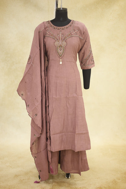 Dusty Rose Cotton Embroidered Kurta Pant Set with Dupatta - Ashoka Threads