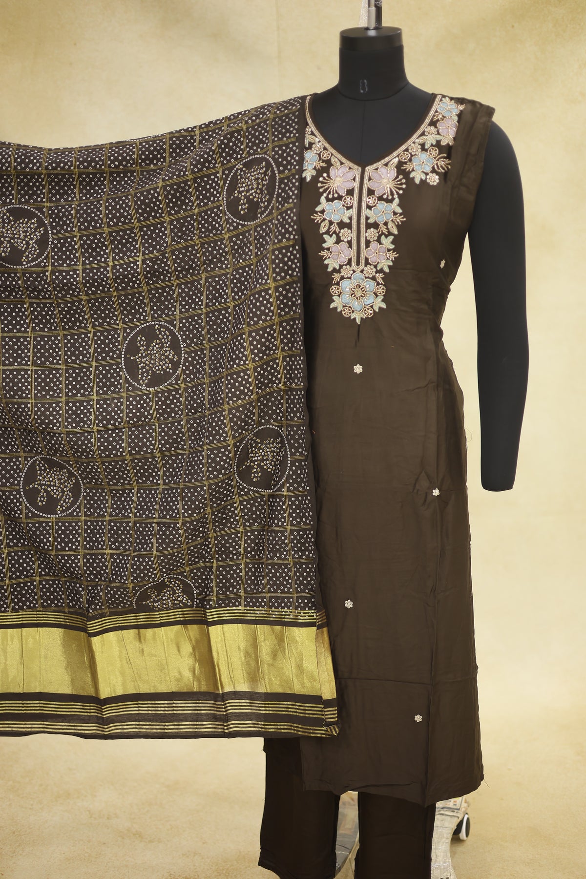 Dark Olive Brown Cotton Sleeveless Kurta Pant Set with Dupatta - Ashoka Threads