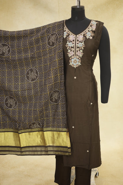 Dark Olive Brown Cotton Sleeveless Kurta Pant Set with Dupatta - Ashoka Threads
