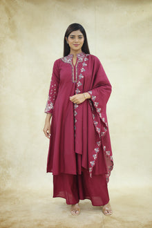 Wine Red Cotton Embroidered Kurta Pant Set with Dupatta - Ashoka Threads
