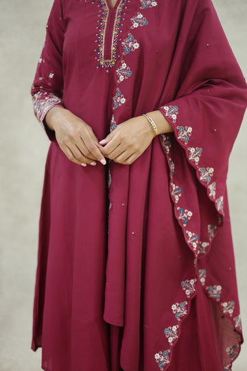 Wine Red Cotton Embroidered Kurta Pant Set with Dupatta - Ashoka Threads