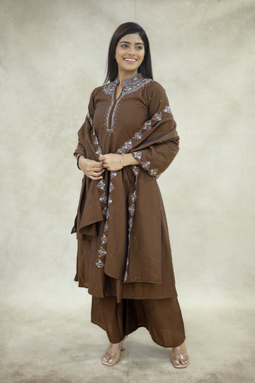 Chocolate Brown Cotton Embroidered Kurta Pant Set with Dupatta - Ashoka Threads