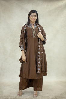 Chocolate Brown Cotton Embroidered Kurta Pant Set with Dupatta - Ashoka Threads