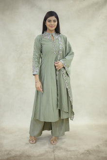 Sage Green Cotton Embroidered Kurta Pant Set with Dupatta - Ashoka Threads
