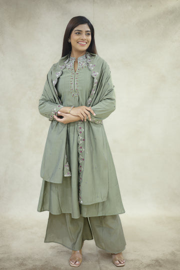 Sage Green Cotton Embroidered Kurta Pant Set with Dupatta - Ashoka Threads