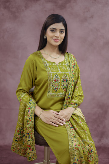 Mustard Yellow Cotton Embroidered Kurta Pant Set with Dupatta - Ashoka Threads