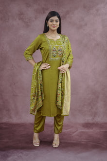 Mustard Yellow Cotton Embroidered Kurta Pant Set with Dupatta - Ashoka Threads