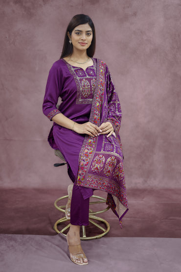 Deep Plum Purple Cotton Embroidered Kurta Pant Set with Dupatta - Ashoka Threads