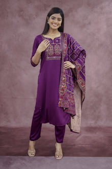 Deep Plum Purple Cotton Embroidered Kurta Pant Set with Dupatta - Ashoka Threads