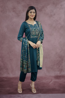 Deep Teal Green Cotton Embroidered Kurta Pant Set with Dupatta - Ashoka Threads